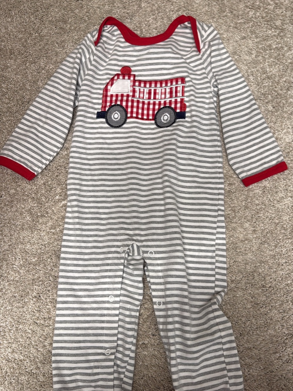 Gray & White Striped Baby Footie with Red Fire Truck Accent